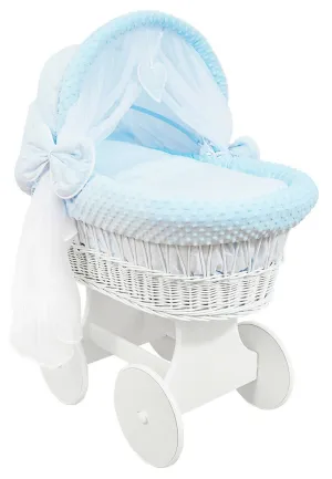 White Wicker Wheels Crib/Baby Moses Basket   Complete Bedding Blue/Dimple